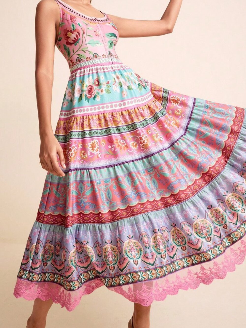 Multicolor Boho Women's Dress Floral Gradient U-Neck Sleeveless Cinched Waist - Picture 4 of 9